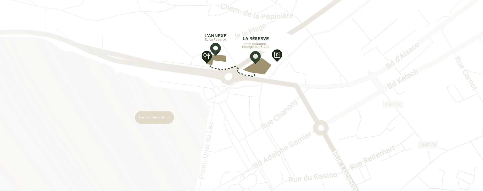 Plan de situation de l'hôtel La Réserve et de L'Annexe au bord du lac de Gérardmer